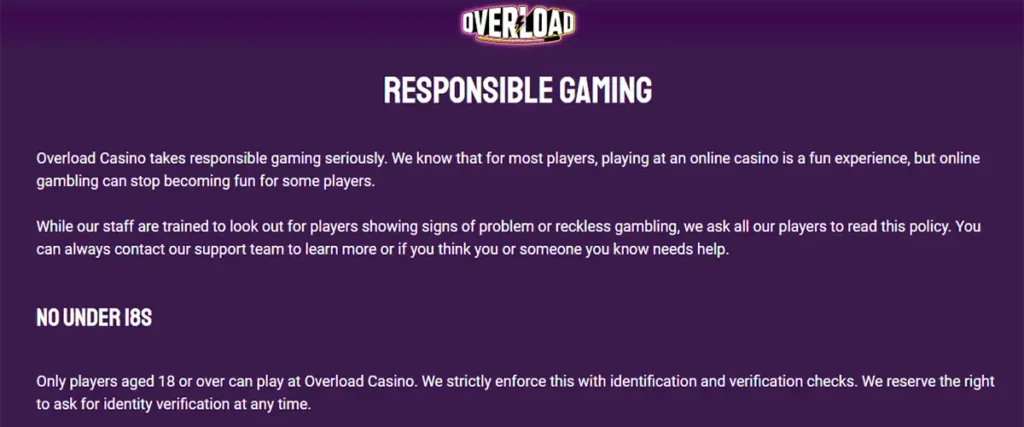 Overload Casino ansvarfullt spelande